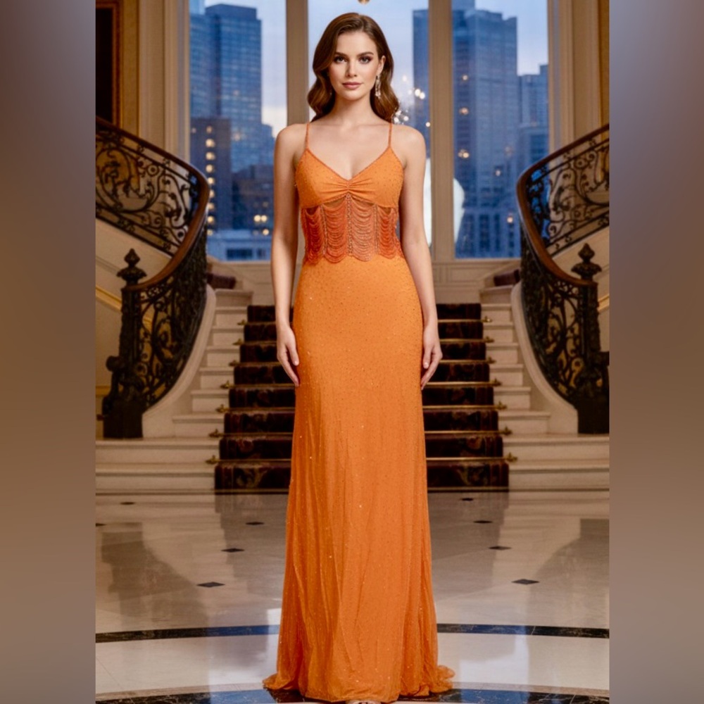 Elegant Orange hand‎ beaded Attitudes by Debra Evening Gown